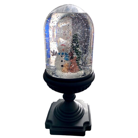 VTG Snow Globe With Snowman & Bunnies On Black Base, 10 in - Picture 1 of 4